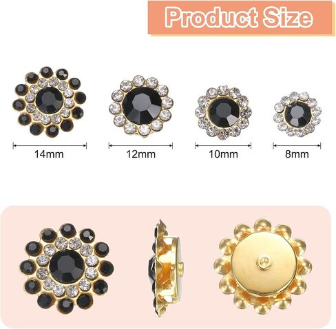HARFINGTON 100Pcs Sew on Rhinestones 8mm 10mm 12mm 14mm Crystals Glass Sewing Flower Claw Metal Base for Clothes Shoes Earring Belt Crafts, Black in Saudi Arabia