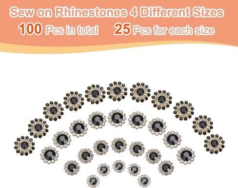 HARFINGTON 100Pcs Sew on Rhinestones 8mm 10mm 12mm 14mm Crystals Glass Sewing Flower Claw Metal Base for Clothes Shoes Earring Belt Crafts, Black in Saudi Arabia