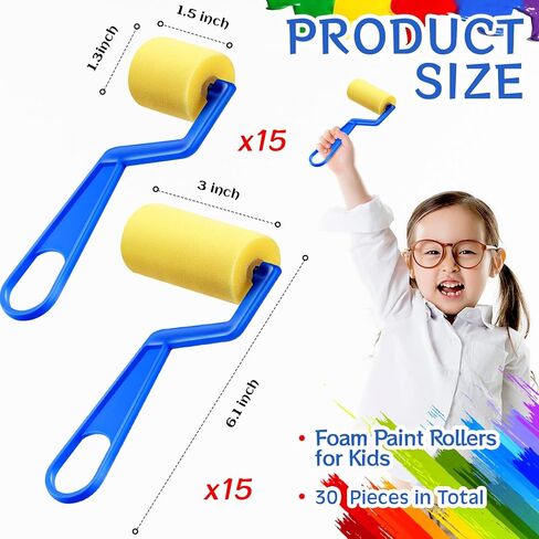 Tenceur Paint Brushes for Kids 30 Pcs Foam Paint Roller Bulk 3 Inch 1.5 Inch Small Washable Sponge Rollers for Painting with Plastic Handle for Young Artists Kids Early Educational Graffiti Supplies in Saudi Arabia