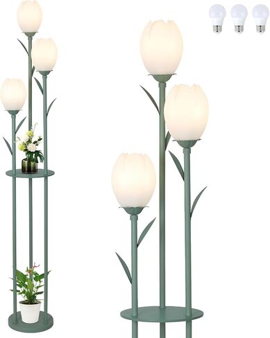 3-Light Flower Floor Lamps for Living Room, Green Floor Lamp with Shelves, Unique Tulip Standing Lamp with 3 LED Blubs, Cute Floral Tall Lamp, Modern Stand Up Light Decor for Bedroom, Kids Room in Saudi Arabia