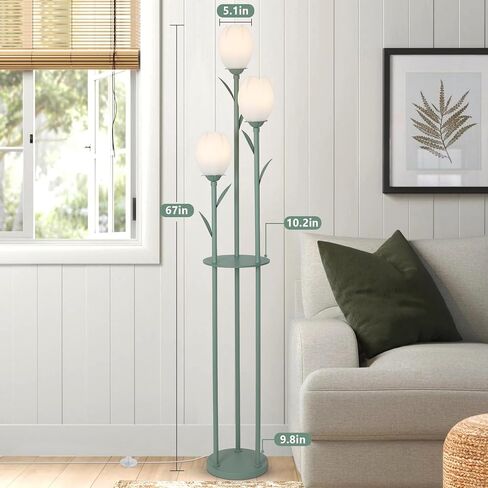 3-Light Flower Floor Lamps for Living Room, Green Floor Lamp with Shelves, Unique Tulip Standing Lamp with 3 LED Blubs, Cute Floral Tall Lamp, Modern Stand Up Light Decor for Bedroom, Kids Room in Saudi Arabia