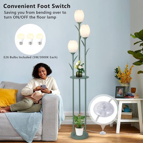 3-Light Flower Floor Lamps for Living Room, Green Floor Lamp with Shelves, Unique Tulip Standing Lamp with 3 LED Blubs, Cute Floral Tall Lamp, Modern Stand Up Light Decor for Bedroom, Kids Room in Saudi Arabia