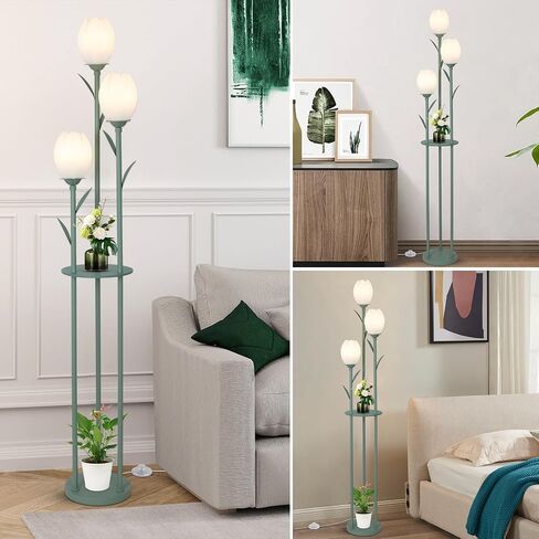 3-Light Flower Floor Lamps for Living Room, Green Floor Lamp with Shelves, Unique Tulip Standing Lamp with 3 LED Blubs, Cute Floral Tall Lamp, Modern Stand Up Light Decor for Bedroom, Kids Room in Saudi Arabia