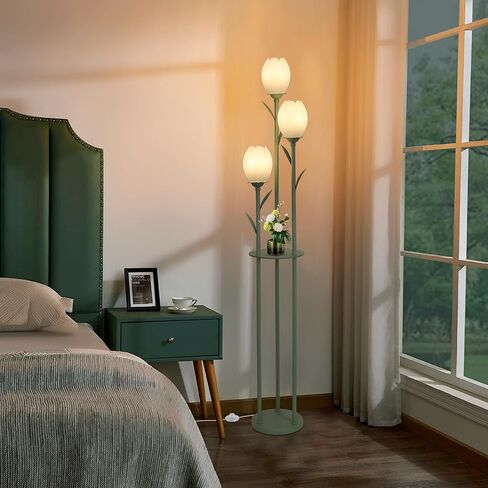 3-Light Flower Floor Lamps for Living Room, Green Floor Lamp with Shelves, Unique Tulip Standing Lamp with 3 LED Blubs, Cute Floral Tall Lamp, Modern Stand Up Light Decor for Bedroom, Kids Room in Saudi Arabia