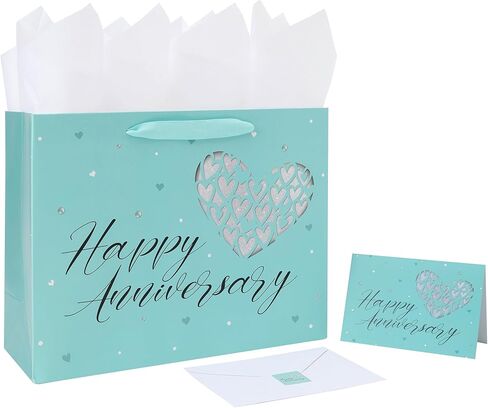 13" Large Anniversary Green Gift Bag Set with Handles, Greeting Card, Tissue Papers and Stickers for Women Men Husband Wife Boyfriend Girlfriend or Romantic Partner, Heart Design, 1 Pcs in Saudi Arabia