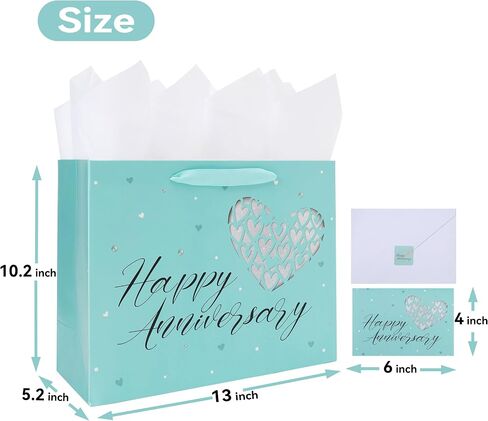 13" Large Anniversary Green Gift Bag Set with Handles, Greeting Card, Tissue Papers and Stickers for Women Men Husband Wife Boyfriend Girlfriend or Romantic Partner, Heart Design, 1 Pcs in Saudi Arabia