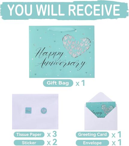 13" Large Anniversary Green Gift Bag Set with Handles, Greeting Card, Tissue Papers and Stickers for Women Men Husband Wife Boyfriend Girlfriend or Romantic Partner, Heart Design, 1 Pcs in Saudi Arabia