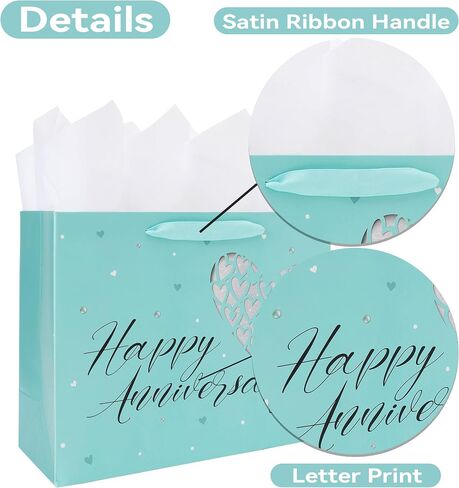 13" Large Anniversary Green Gift Bag Set with Handles, Greeting Card, Tissue Papers and Stickers for Women Men Husband Wife Boyfriend Girlfriend or Romantic Partner, Heart Design, 1 Pcs in Saudi Arabia