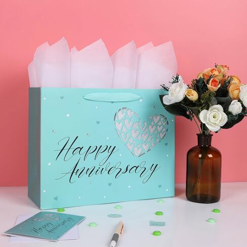 13" Large Anniversary Green Gift Bag Set with Handles, Greeting Card, Tissue Papers and Stickers for Women Men Husband Wife Boyfriend Girlfriend or Romantic Partner, Heart Design, 1 Pcs in Saudi Arabia