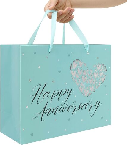 13" Large Anniversary Green Gift Bag Set with Handles, Greeting Card, Tissue Papers and Stickers for Women Men Husband Wife Boyfriend Girlfriend or Romantic Partner, Heart Design, 1 Pcs in Saudi Arabia