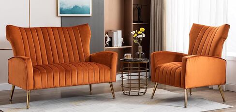 Artechworks Modern Living Room Sofa Sets 2 Pieces, Velvet Couch Sofa Loveseat and Tufted Velvet Accent Chair with Gold Legs Tall Wingback for Small Space， Living Room, Apartment Studio Pink in Saudi Arabia