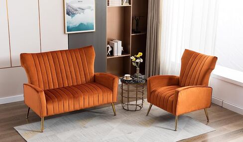 Artechworks Modern Living Room Sofa Sets 2 Pieces, Velvet Couch Sofa Loveseat and Tufted Velvet Accent Chair with Gold Legs Tall Wingback for Small Space， Living Room, Apartment Studio Pink in Saudi Arabia