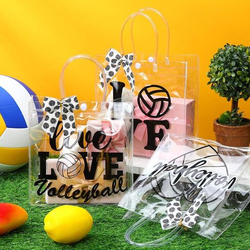 Vicenpal 12 Sets Clear Volleyball Gift Bag with Handles 12 Pcs Bows PVC Plastic Volleyball Treat Goodie Snack Bags 7.9 x 7.9 x 3.1'' Sport Theme Party Favors for Birthday Holiday Sports Team Gifts in Saudi Arabia