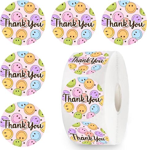 1000Pcs Thank You Sticker Happy Smile Face Paper Decal Pastel Round Adhesive Seal Sticker Label Rolls for Small Business Party Favor Gift Supplies, 1.5 in in Saudi Arabia