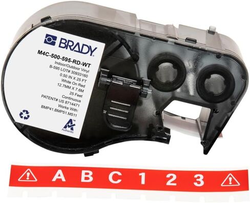 Brady Authentic (M4C-500-595-RD-WT) All-Weather Permanent Adhesive Vinyl Labels 0.5 in W x 25ft White on Red. for use with BMP41, BMP51, M410, M510, and M511 Label Printers. in Saudi Arabia