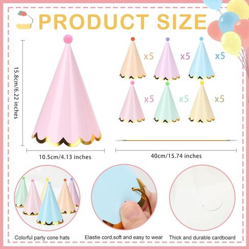 30 PCS Pastel Birthday Party Hats Rainbow Themed Paper Cone Hats with Pom Poms & Elastic Cord for Kids and Adults Birthday, Baby Shower, Bridal Shower, Photo Props Party Decorations in Saudi Arabia