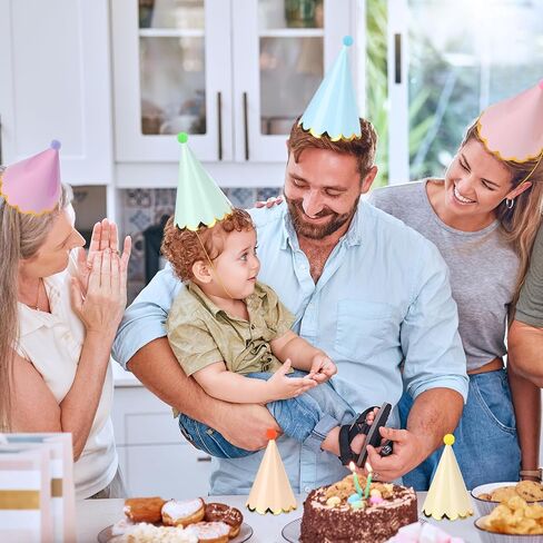 30 PCS Pastel Birthday Party Hats Rainbow Themed Paper Cone Hats with Pom Poms & Elastic Cord for Kids and Adults Birthday, Baby Shower, Bridal Shower, Photo Props Party Decorations in Saudi Arabia