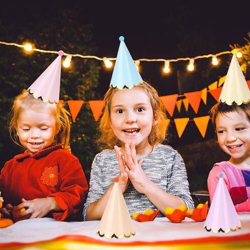 30 PCS Pastel Birthday Party Hats Rainbow Themed Paper Cone Hats with Pom Poms & Elastic Cord for Kids and Adults Birthday, Baby Shower, Bridal Shower, Photo Props Party Decorations in Saudi Arabia