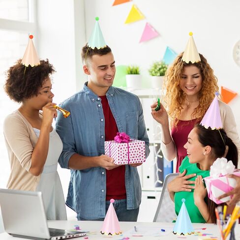 30 PCS Pastel Birthday Party Hats Rainbow Themed Paper Cone Hats with Pom Poms & Elastic Cord for Kids and Adults Birthday, Baby Shower, Bridal Shower, Photo Props Party Decorations in Saudi Arabia
