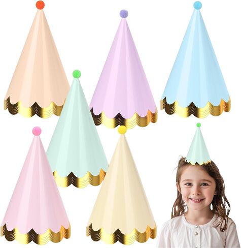 30 PCS Pastel Birthday Party Hats Rainbow Themed Paper Cone Hats with Pom Poms & Elastic Cord for Kids and Adults Birthday, Baby Shower, Bridal Shower, Photo Props Party Decorations in Saudi Arabia