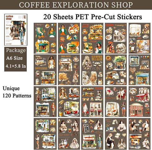 20 Sheets Coffee Sticker Book for Journaling, Fashion Colored Girl Sticker Book for Scrapbook Supplies, Pre-Cut Aesthetic Waterproof PET Translucent Stickers for Junk Jounal Bujo in Saudi Arabia