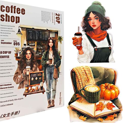 20 Sheets Coffee Sticker Book for Journaling, Fashion Colored Girl Sticker Book for Scrapbook Supplies, Pre-Cut Aesthetic Waterproof PET Translucent Stickers for Junk Jounal Bujo in Saudi Arabia
