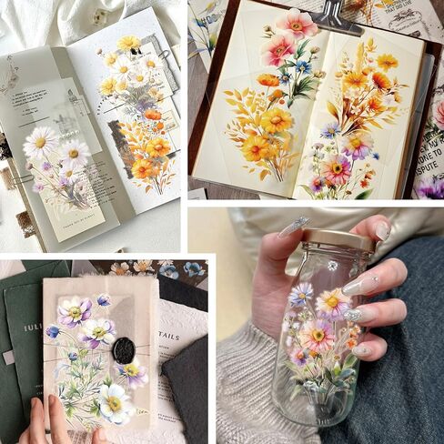 120 Pcs Floral Scrapbook Stickers - Transparent Self-Adhesive Journaling Supplies for Adults | DIY Scrapbooking, Junk Journal, Planner, Card Making, Vision Board Decoration in Kuwait
