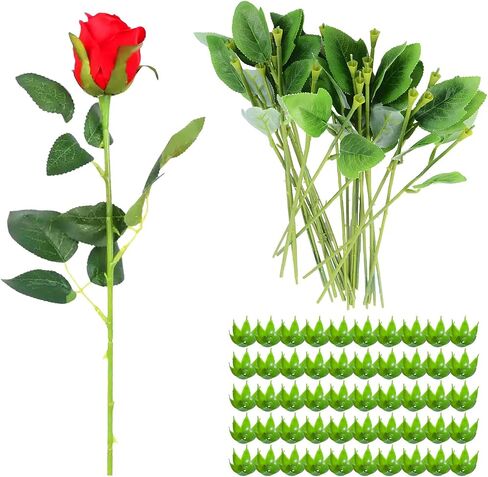 50 PCS سلك الأسلاك الأزهار مع الأوراق ، وذات زهرة للحرف اليدوية لترتيبات الأزهار DIY ، وباقة الزفاف ، وديكور محور. in Saudi Arabia