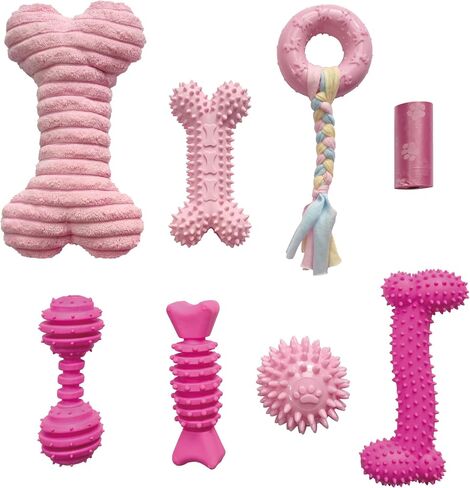 PetLike 8PCS Puppy Teething Toys Set - Interactive Dog Chew Toys with Ball & Cotton Ropes Safe & Durable Teething for Small Puppies & Medium Dogs (Pink) in Saudi Arabia