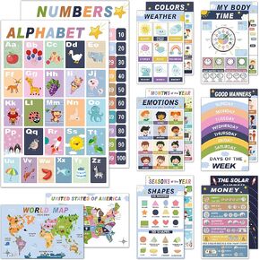 Rovytix 16 Educational Posters for Preschool & Kindergarten, Laminated Classroom Charts for ABC Alphabet, Numbers, Shapes, Days of the Week, Weather, US & World Map, PreK Learning Materials for Teachers & Homeschool in Saudi Arabia
