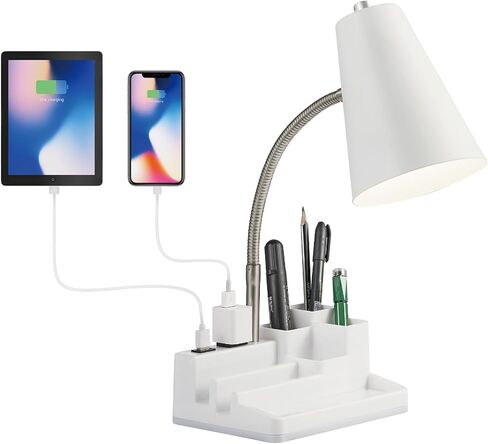 Desk Lamp Cute for Small Space, Lamp Desk with USB Port and Outlet, Desk Lamps for Home Office with Pen Holder, Study lamp for College Dorm Room, Flexible Arm, White in Saudi Arabia