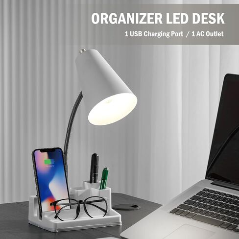 Desk Lamp Cute for Small Space, Lamp Desk with USB Port and Outlet, Desk Lamps for Home Office with Pen Holder, Study lamp for College Dorm Room, Flexible Arm, White in Saudi Arabia