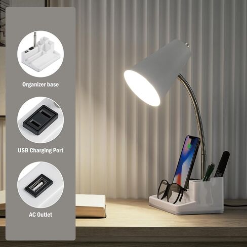 Desk Lamp Cute for Small Space, Lamp Desk with USB Port and Outlet, Desk Lamps for Home Office with Pen Holder, Study lamp for College Dorm Room, Flexible Arm, White in Saudi Arabia