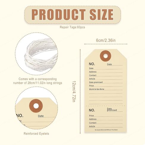 60pcs Repair Tags with Strings, 4.7x2.4 Inch Paper Tags Manila Repair Labels for Sold Coat Check Service Equipment Maintenance Inventory Labeling Crafts in Saudi Arabia