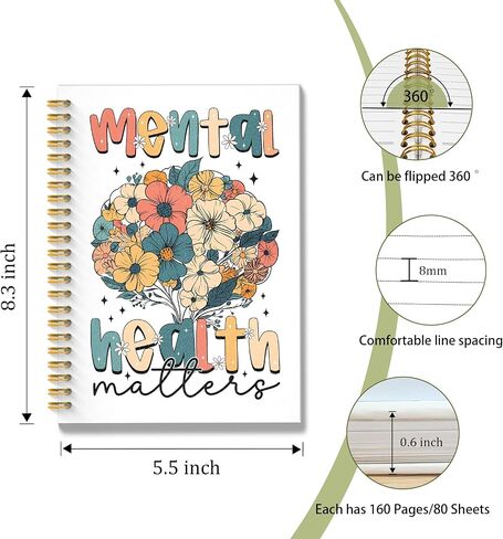 ROXMART Mental Health Matters Glitter Spiral Notebook, Mental Health Journal for Women, Psychologist Therapist Gifts, Floral Therapy Psychology Hardcover Notebook Journal, 5.5x8.3 Inch in Saudi Arabia