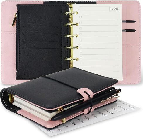 A7 Binder Binder Planner Notebook 6 Ring ، منظم جلدي محمول مع جيب سحاب ، وأوراق إعادة الملء والفارغ الفارغة ، والفاصل ، والملصق الشهري ، والقلم ، والطلاب ، والمهنيين ، والسفر (Sky Blue & Pink) in Saudi Arabia