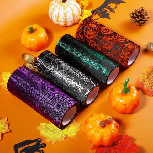 4 Rolls Halloween Glitter Tulle Roll Glitter Tulle Netting Roll Tulle Fabric Roll Orange Shimmer Color Ribbon for Halloween Decoration, 5 Inch x 10 Yards in Saudi Arabia