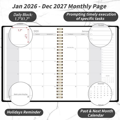 2026-2027 Monthly Planner - 2 Year Monthly Planner 2026-2027, Hard Cardboard Cover, Jan 2026 - Dec 2027, 7.5" x 10", 2 Year Calendar with 24 Month, Twin-wire Binding, Note Pages in Kuwait