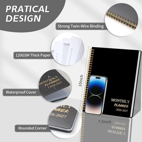 2026-2027 Monthly Planner - 2 Year Monthly Planner 2026-2027, Hard Cardboard Cover, Jan 2026 - Dec 2027, 7.5" x 10", 2 Year Calendar with 24 Month, Twin-wire Binding, Note Pages in Kuwait