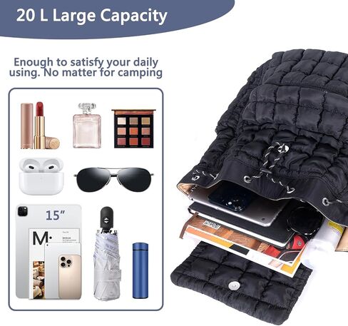 Quilted Puffer Backpack for Women: Large Lightweight Soft Purse Backpacks for Travel Daypack Hiking Gym Sports School College - Cute Trendy Luxury Drawstring Laptop Backpack (Black) in Kuwait