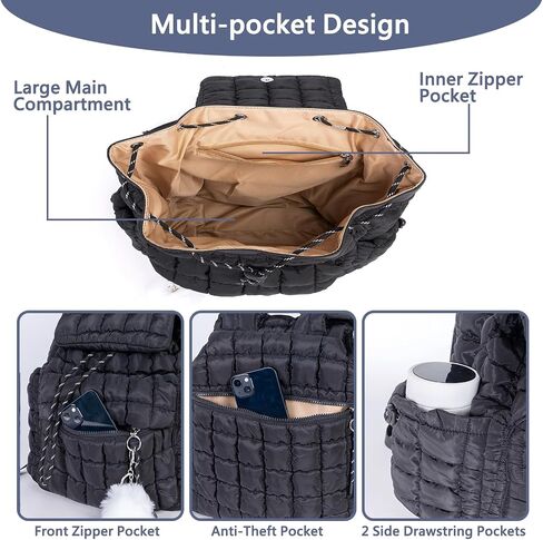 Quilted Puffer Backpack for Women: Large Lightweight Soft Purse Backpacks for Travel Daypack Hiking Gym Sports School College - Cute Trendy Luxury Drawstring Laptop Backpack (Black) in Kuwait