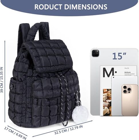 Quilted Puffer Backpack for Women: Large Lightweight Soft Purse Backpacks for Travel Daypack Hiking Gym Sports School College - Cute Trendy Luxury Drawstring Laptop Backpack (Black) in Kuwait