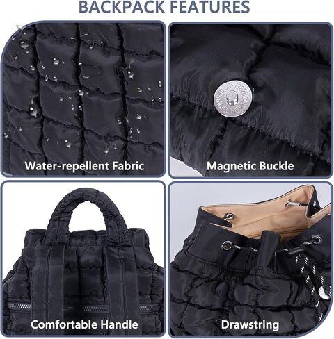 Quilted Puffer Backpack for Women: Large Lightweight Soft Purse Backpacks for Travel Daypack Hiking Gym Sports School College - Cute Trendy Luxury Drawstring Laptop Backpack (Black) in Kuwait