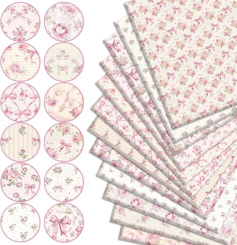 12Pcs Pink Bow Flower Cotton Fabric Bundles Vintage Rose Bowknot Fat Quarters Watercolor Sewing Fabrics for DIY Craft Party Decor, 18 x 22 Inch in Saudi Arabia