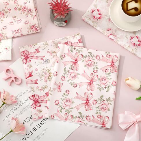 12Pcs Pink Bow Flower Cotton Fabric Bundles Vintage Rose Bowknot Fat Quarters Watercolor Sewing Fabrics for DIY Craft Party Decor, 18 x 22 Inch in Saudi Arabia