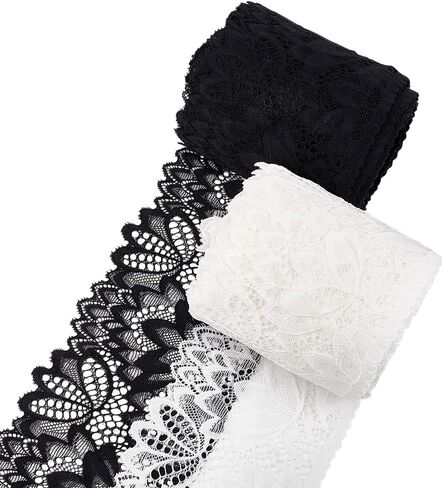 PH PandaHall 10 Yards 4 Inch Wide Stretchy Lace Trim Flower Embroidery Ribbon Wide Lace for Bridal Wedding Costume Making Sewing Projects Home Party Decorations White & Black in Saudi Arabia