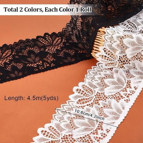 PH PandaHall 10 Yards 4 Inch Wide Stretchy Lace Trim Flower Embroidery Ribbon Wide Lace for Bridal Wedding Costume Making Sewing Projects Home Party Decorations White & Black in Saudi Arabia