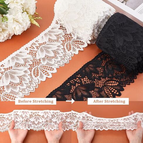 PH PandaHall 10 Yards 4 Inch Wide Stretchy Lace Trim Flower Embroidery Ribbon Wide Lace for Bridal Wedding Costume Making Sewing Projects Home Party Decorations White & Black in Saudi Arabia