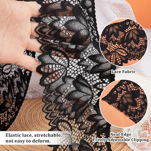 PH PandaHall 10 Yards 4 Inch Wide Stretchy Lace Trim Flower Embroidery Ribbon Wide Lace for Bridal Wedding Costume Making Sewing Projects Home Party Decorations White & Black in Saudi Arabia