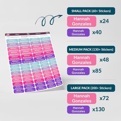 Personalized Waterproof Name Labels for Kids, Optional Packs 60, 130, 200 Labels, Custom Name Stickers for Kids' Clothing Tag, Water Bottle, Lunch Box, Customize Kid Name Label for Daycare - C3 in Kuwait